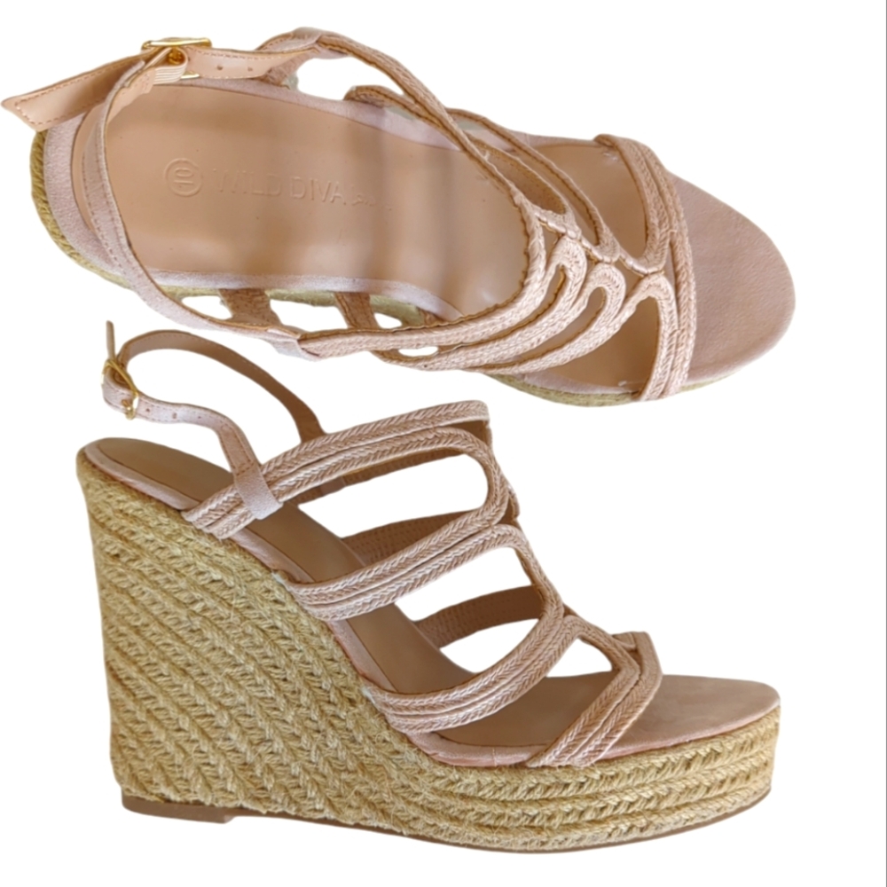 Wild Diva Lounge Strappy Jute Espadrille Wedge Sandal Shoes 10 Cream Beige/Tan - Picture 3 of 16